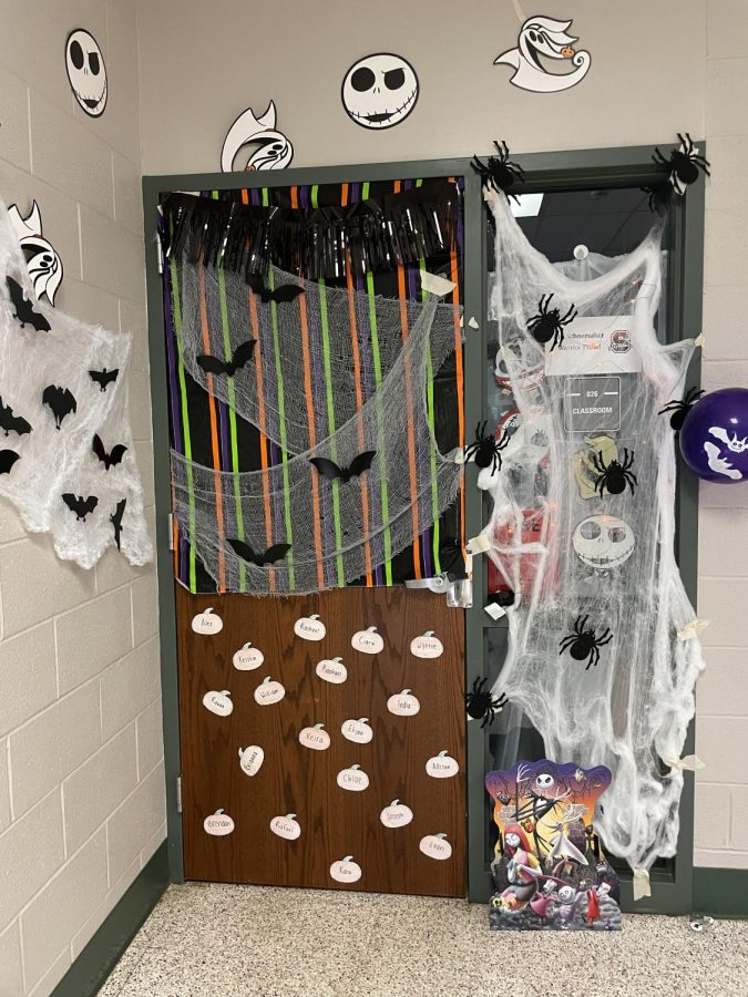 History teacher Heather Schoemakers homeroom students took first place honors in this years 2021 Fall Door Decorating competition. Their door included every students name from the homeroom, along with LED lights, bats, and fall colors. Photograph Maggie Grim 