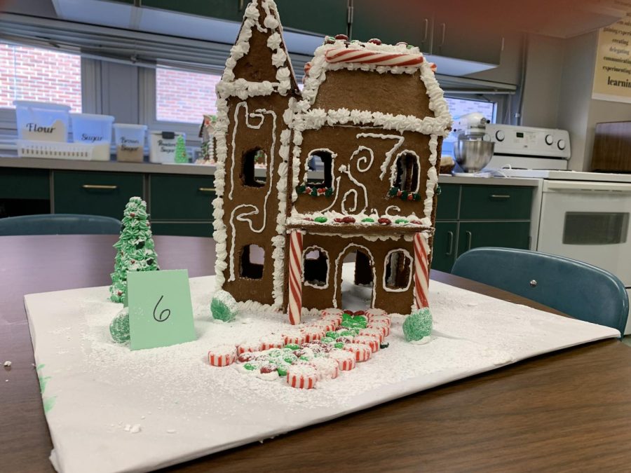 Freshman Lane Vailiti and George Ellis created this gingerbread house. Photograph by Tricia Rawleigh
