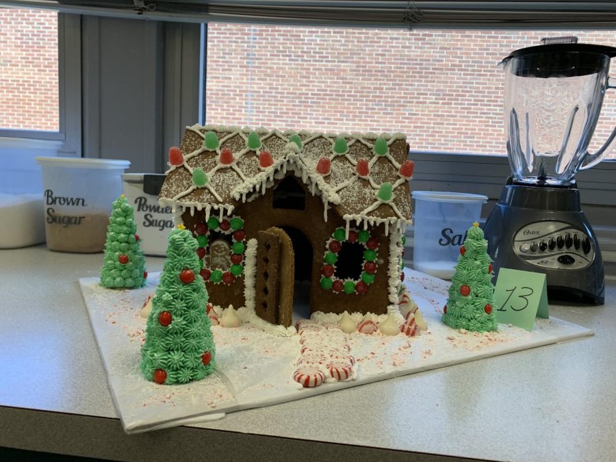 Freshmen Josie Raleigh and Sophia Leslie placed third for this design in this years 23rd annual gingerbread house competition. Students in the Foods 1 course learned careful planning, following a recipe said Sandusky. Photograph by Tricia Rawleigh
