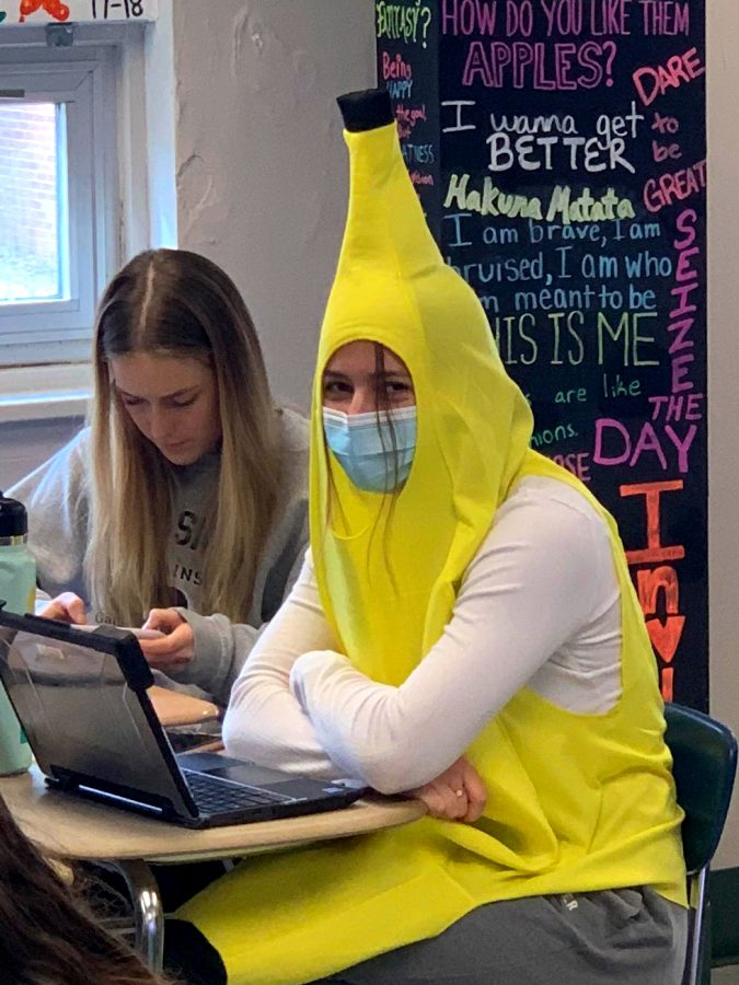 Photo taken by Mr. Shervington of a student in class wearing their banana costume.