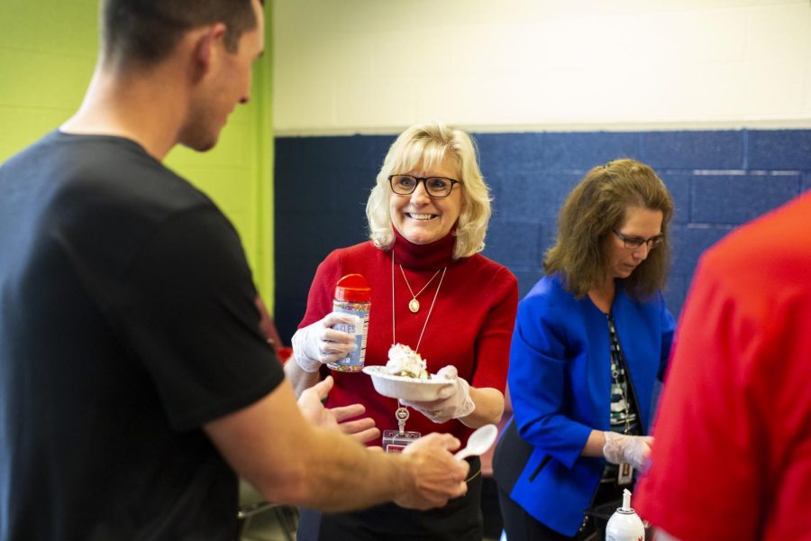 Superintendent Dr Sandra Lemmon passes out ice cream to staff and faculty throughout the district during teacher appreciation week. Photograph courtesy of Artemas Mott. 