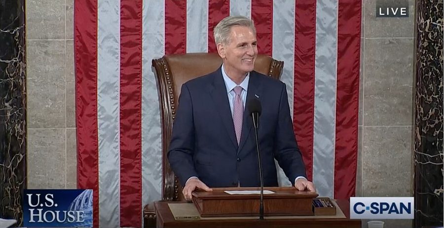 McCarthy prepares to speak after being nominated as house speaker.
Photograph by C-SPAN, Public domain, via Wikimedia Commons