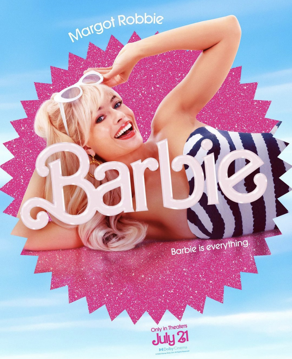 Margot Robbie poses on the poster for Barbie in the iconic original Barbie outfit. Photograph via @barbiethemovie on Instagram