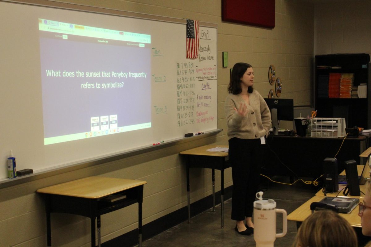 English teacher Kelly Porter poses a question during a review game. 