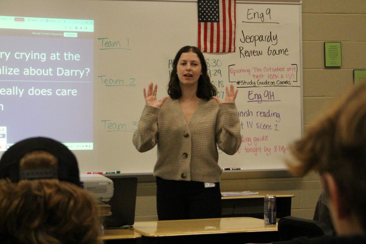 English teacher Kelly Porter shows enthusiasm while teaching her freshmen. 
