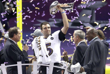 Flacco raises the Superbowl trophy 
Photograph via @Bleacherreport on twitter