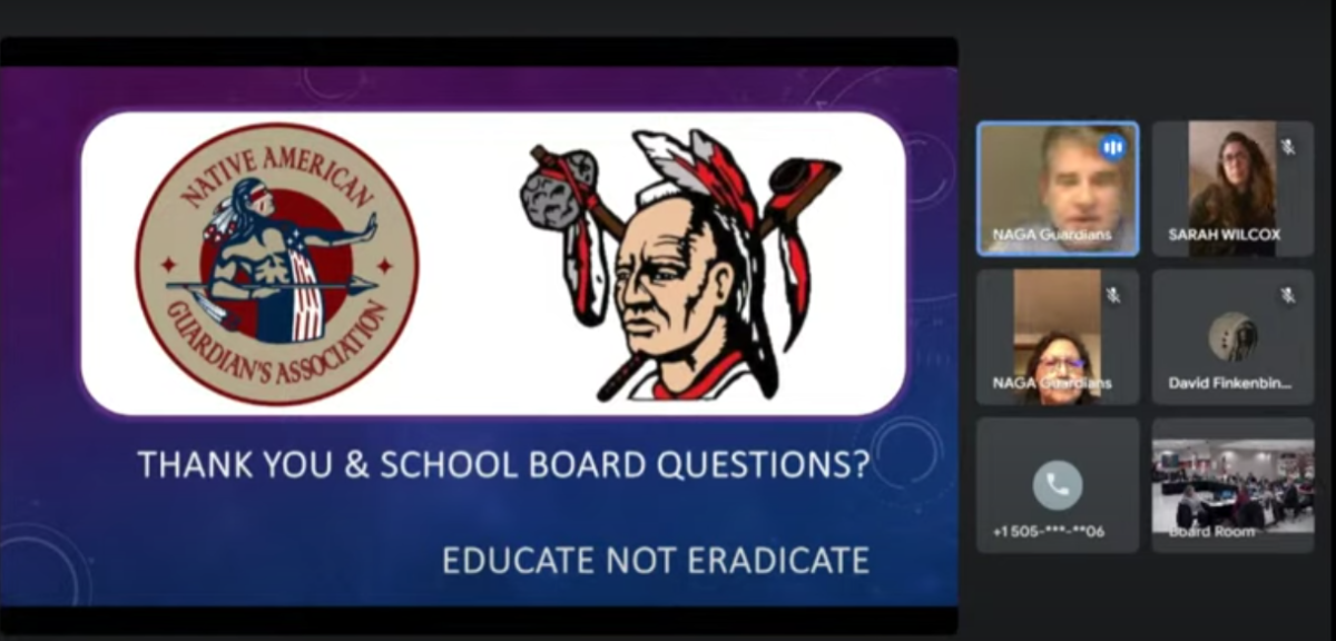 The Native American Guardian Association gives a presentation on the logo. Screenshot of “School Board Meeting- 1/18/24” by SYCSDWarriorTV via YouTube