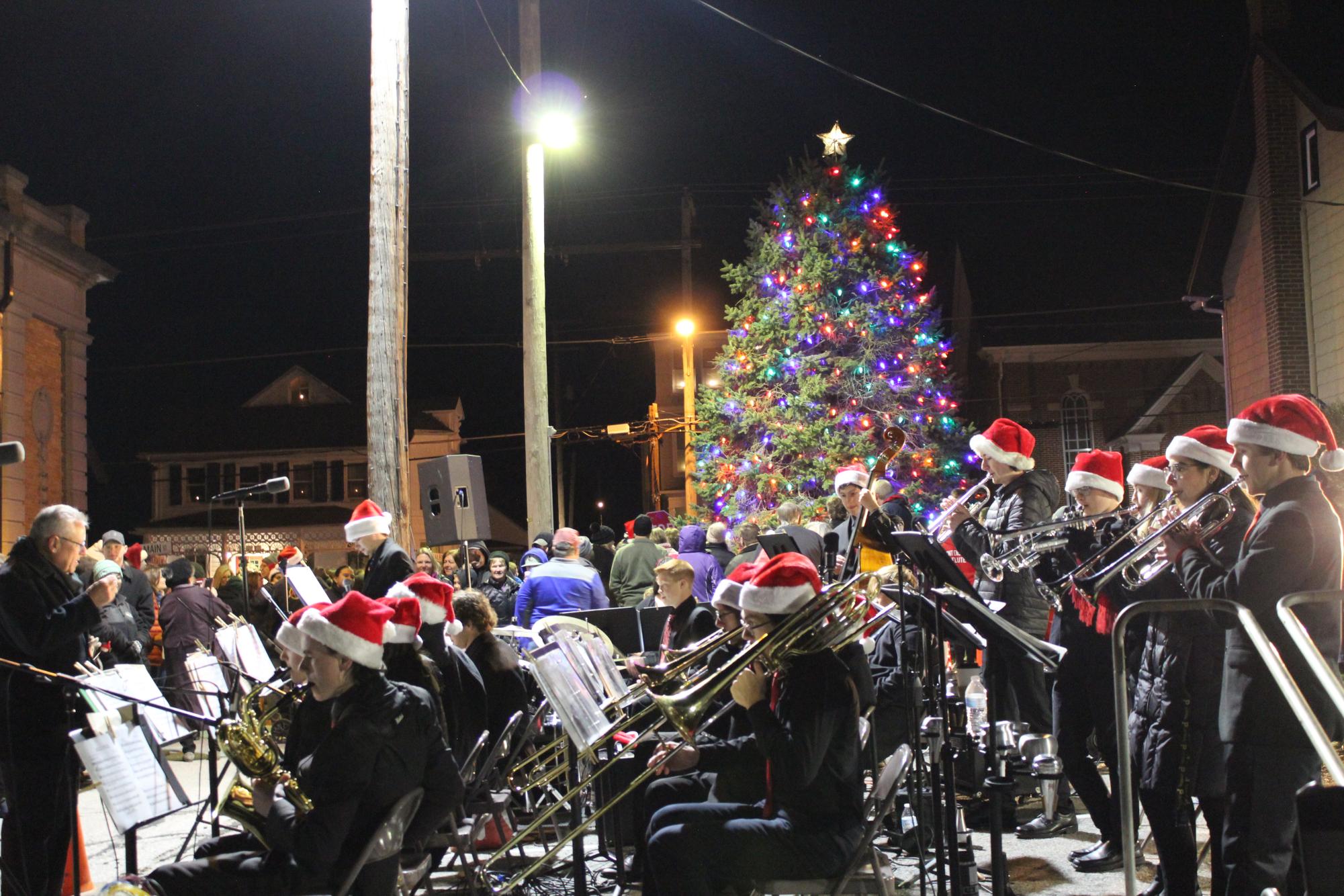 The band plays under the glow of the newly-lit tree. The event was hosted and managed by the Shrewsbury Borough at 104 S. Main St., near The Village Coffee and Cream. Photograph by Nathan Feeser