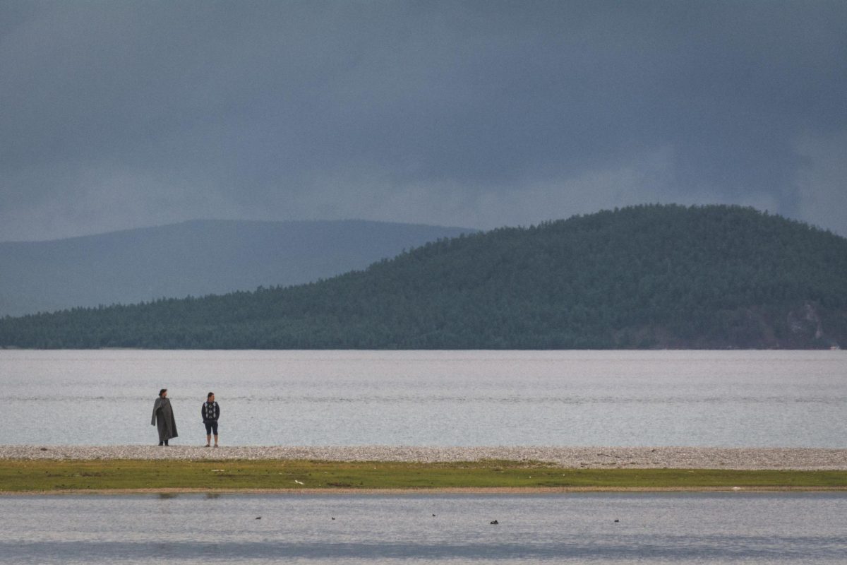 Photo of a beach, where people walk by a lake.