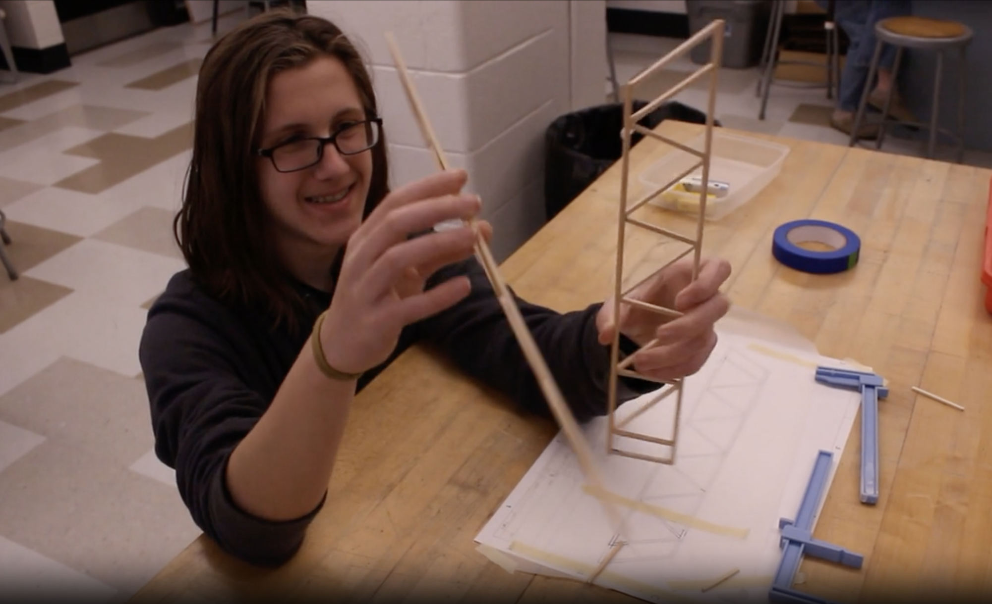 Freshman Christian Krodel builds parts of his team's bridge for the "Salsa and Balsa" competition.
Photograph by Brennan Ledesma