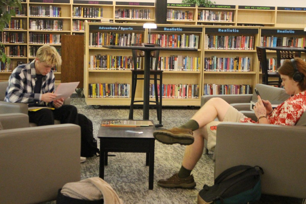 S and Senior Gabe Wede work and unwind in the library's calm surroundings that Daniels has worked hard to create. 