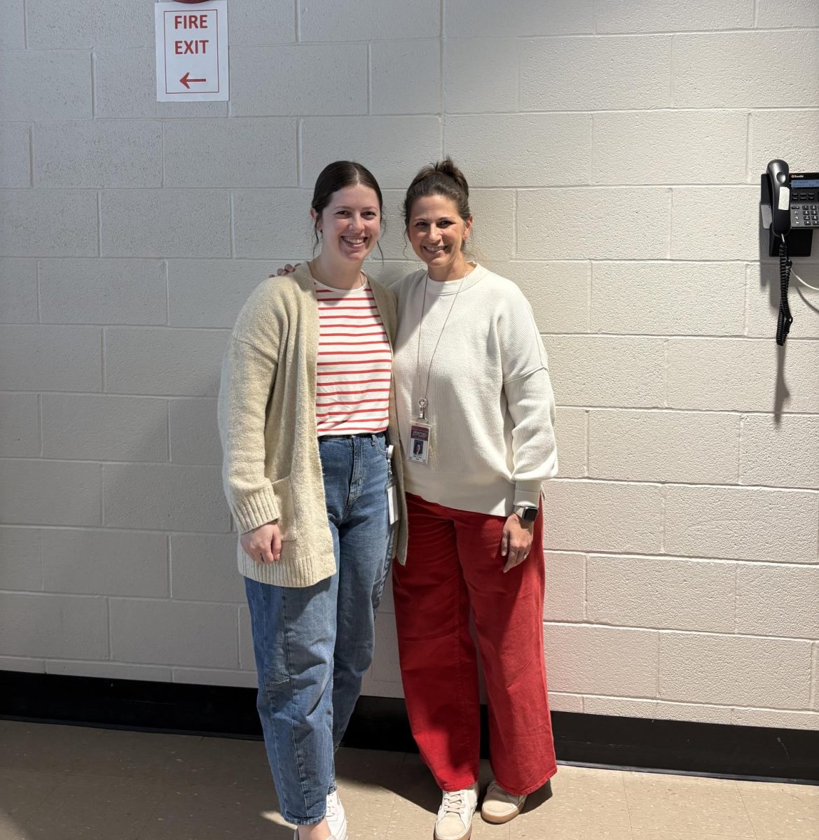 English teachers Kelly Porter and Katharine Wilt wear red and white for ‘Candy Cane Day’ during the spirit week leading up to winter break. Throughout each day of the holiday spirit week, Wilt and Porter dressed up together to spread the holiday spirit. Photograph by Caroline Simpson