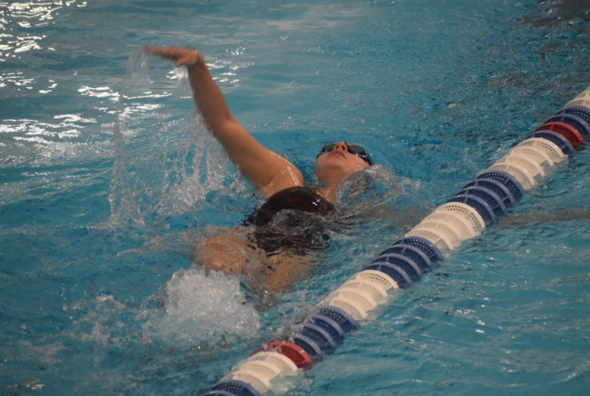 A female swimmer swims backstroke during a race 
Photograph Courtesy of Brian Wingert