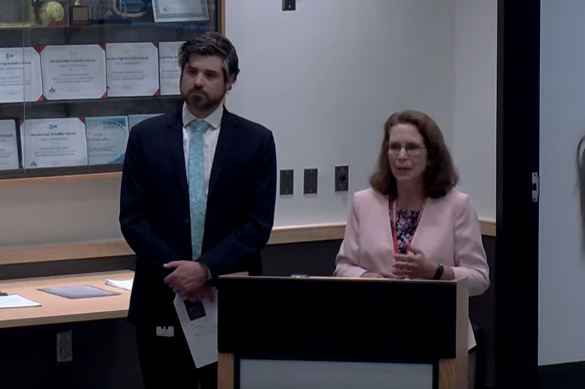 Business manager Trevor Carrington and Green present at the April 16 board meeting. Image by SYCSDWarriorTV via YouTube.